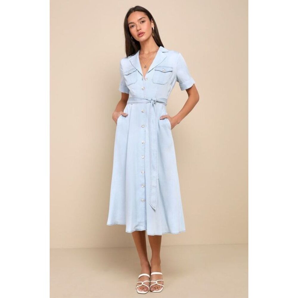 Lulus Pleasant Cutie Blue Chambray Collared Midi Dress With Pockets - Size L